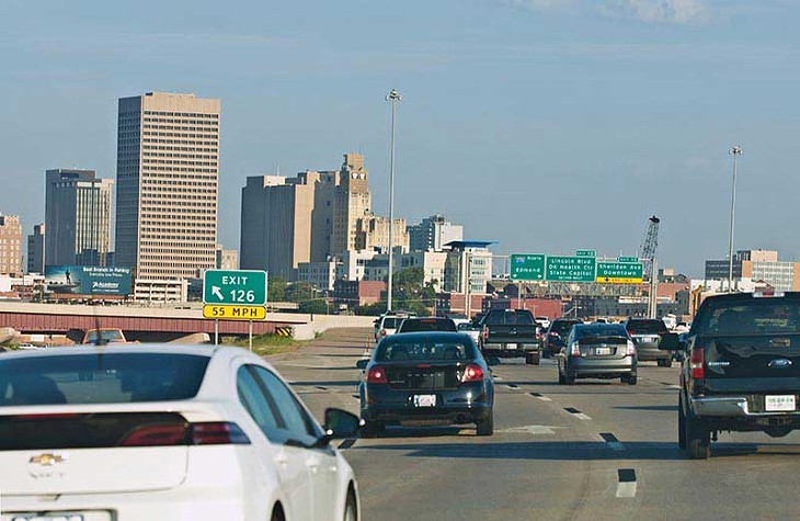 Rush hour traffic at the I-235 I-40 intersection approximately 8:15am. (Mark Hancock)