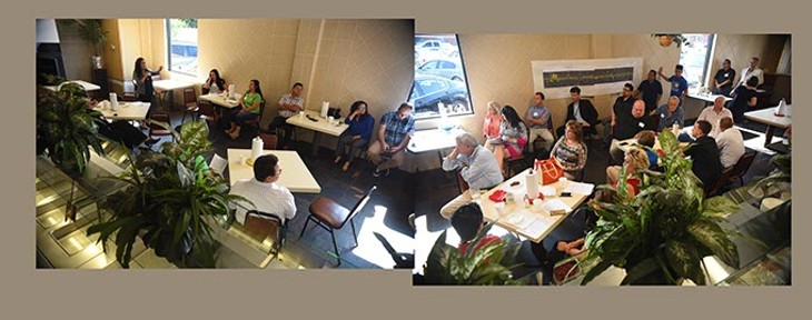 Two photographic frames create a panoramic view of the 29th Steet Business Improvement District meeting inside Berta's Mexican Buffet, 635 S.W. 29th Street, Tuesday, 6-30-15.  mh