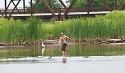 Eric Pappas mingles with wildlife as he demonstrates surf paddle board technique on the waterway connecting Stinchcomb Wildlife Refuge and Lake Overholser as it passed under the old Route 66 Bridge, Background. - MARK HANCOCK