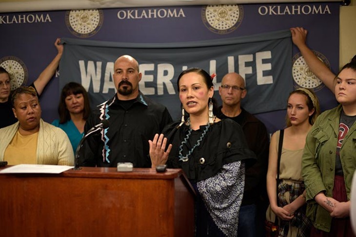 No Plains Pipeline founder Ashley McCray speaks during a press conference announcing the campaign to stop Plains All American&#146;s - Diamond Pipeline, at the Oklahoma State Capitol, Monday, Jan. 30, 2017. - GARETT FISBECK