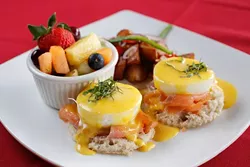 House-cured salmon Benedict at Rococo, Tuesday, March 28, 2017. - GARETT FISBECK