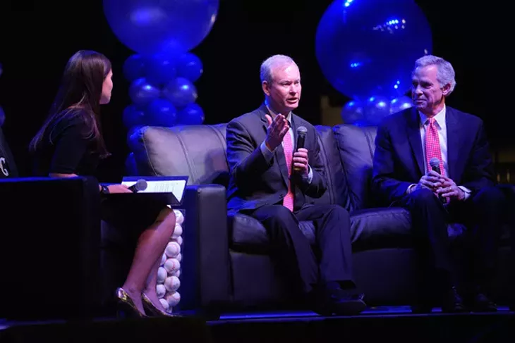 Oklahoma City Mayor Mick Cornett and former Mayor Kirk Humphreys speak about the importance of Bricktown Ballpark during the Feb. 22 Oklahoma City Dodgers season kickoff luncheon at The Criterion. (Garett Fisbeck)