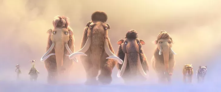 Buck (voiced by Simon Pegg), Sid (voiced by John Leguizamo), Ellie (voiced by Queen Latifah), Manny (voiced by Ray Romano), Julian (voiced by Adam Devine), Peaches (voiced by Keke Palmer), Diego (voiced by Denis Leary) and Shira (voiced by Jennifer Lopez) embark on an epic quest. (Blue Sky Studios/provided)