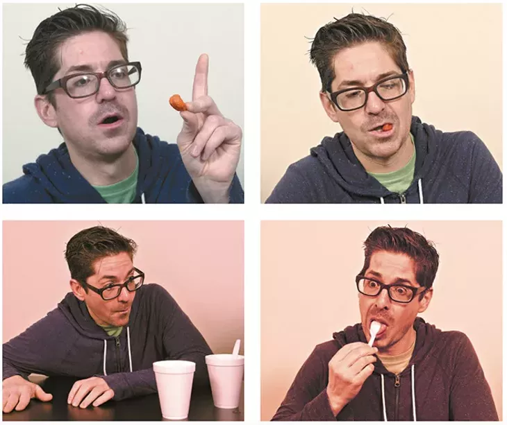 Matthew Alvin Brown tastes a raw ghost pepper and Carolina Reaper chile powder. (Garett Fisbeck)