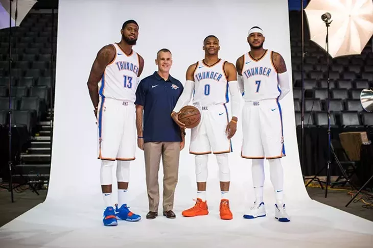 Thunder coach Billy Donovan center left will guide the team’s new player nucleus, including from left Paul George, Russell Westbrook and Carmelo Anthony. (Zach Beeker / Oklahoma City Thunder / provided)