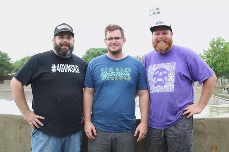 Forgiven Skate Church's annual skate contest organizers Darrin Zdanowski, left, Israel Brumback and Kyle Upton stand at the edge of the bowl in the rain at Matt Hoffman Action Sports Park on Saturday, June 3, 2017. The contest, Bowl Part 2, was rained out and reschedules for Fall 2017. (Cara Johnson).
