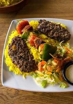 Kofta and veggie kabob at Couscous Cafe, 8-26-2016, Oklahoma City. - MARK HANCOCK