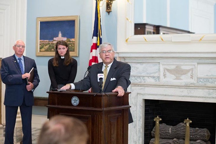 Senator Brian Crain speaks to attendees at the launch of Reason for Reform Campaign at the State Capitol in Oklahoma City, Wednesday, August 3, 2016. - EMMY VERDIN