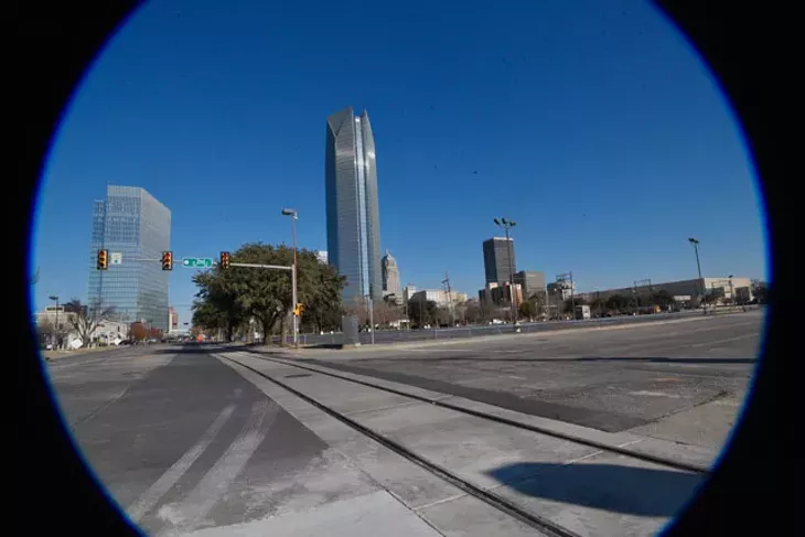 Streetcar tracks laid in downtown Oklahoma City are part of the MAPS 3 initiative to bring a streetcar transit system to the city. (Photo Laura Eastes)