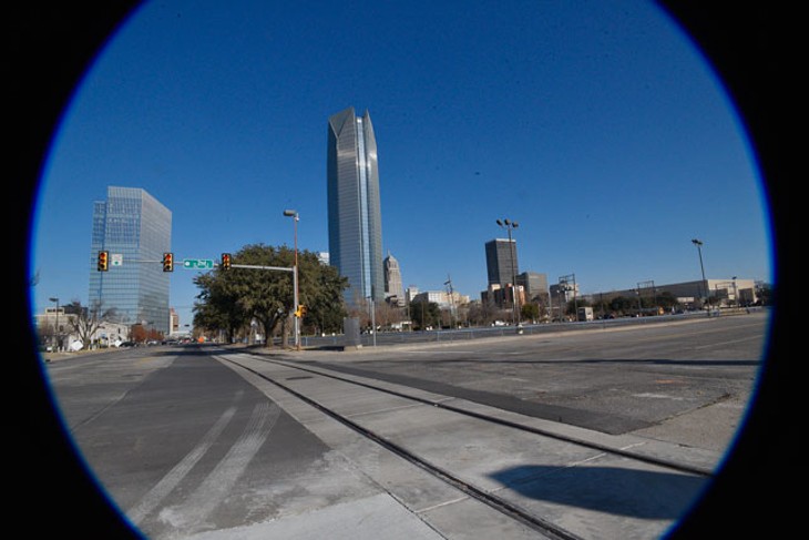 Streetcar tracks laid in downtown Oklahoma City are part of the MAPS 3 initiative to bring a streetcar transit system to the city. (Photo Laura Eastes)