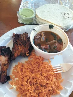 El Primo Loco’s signature flame-grilled chicken with rice, beans and tortillas (Photo Jacob Threadgill)