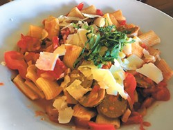 Italian sausage rigatoni with roasted red peppers and onions in a tomato-vodka sauce (Photo Jacob Threadgill)