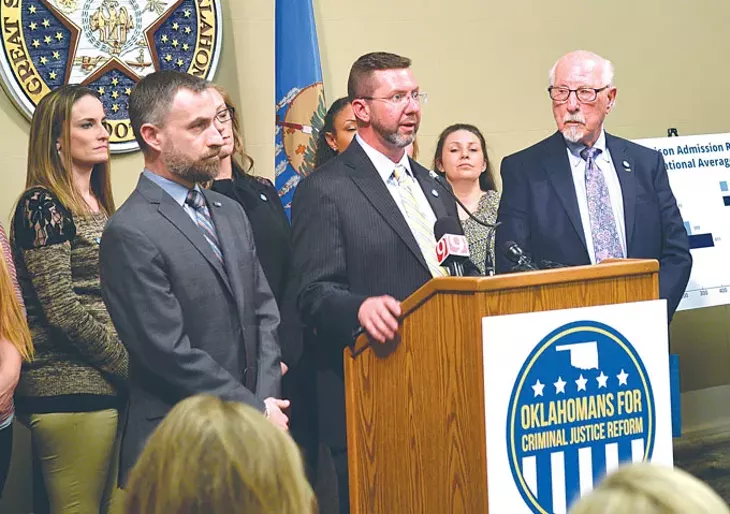 Ryan Kiesel, Kris Steele and Gene Rainbolt answer questions about ways to lower Oklahoma’s prison population at the Capitol in March - LAURA EASTES