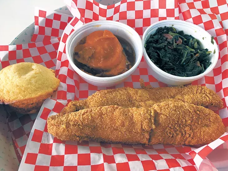 Catfish with sweet potatoes, greens and a cornbread muffin with a drink for $12 - JACOB THREADGILL