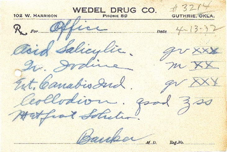 An example of an Oklahoma prescription for cannabis that predates the 1937 federal outlaw. Such prescriptions can only be found in private collections. - PROVIDED