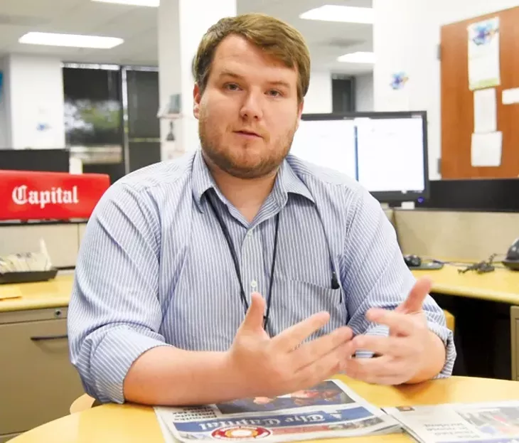 Chase Cook, a reporter at Annapolis’ Capital Gazette, speaks at OU’s Gaylord College of Journalism on Friday. - PROVIDED