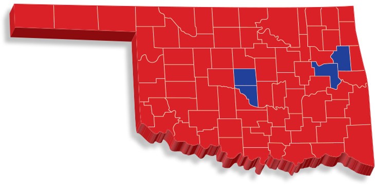 Oklahoma’s election night results follow a national trend in which counties on the states’ outskirts vote red and counties toward the center of the state vote blue. - OKLAHOMA STATE ELECTION BOARD / PROVIDED
