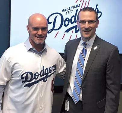 New Oklahoma City Dodgers manager Travis Barbary with team president Michael Byrnes at an introductory press conference Jan. 28 - JACOB THREADGILL