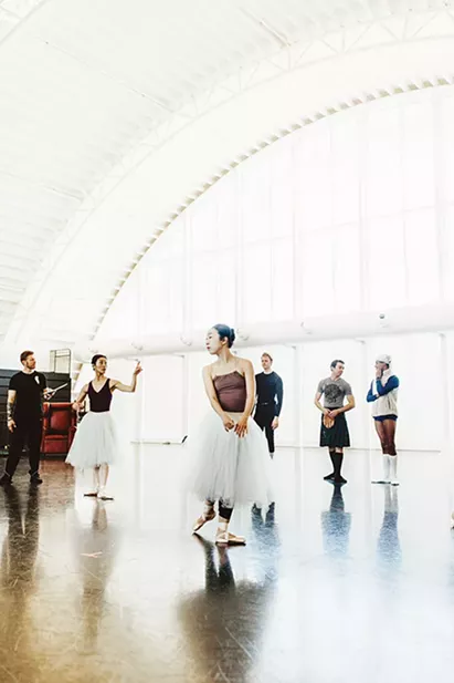 Miki Kawamura second from left and Dayoung Jung center rehearse for Oklahoma City Ballet’s La Sylphide. - ALEXA ACE