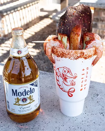 A 44-ounce El Rey with shrimp, cucumber and Mexican beef jerky can be finished with beer or mineral water. - ALEXA ACE