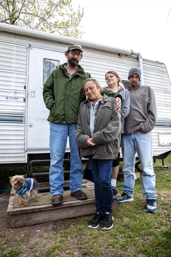 from right John, Shasta, Cathy, Wade and Jay Jay stand outside their trailer home in Oklahoma City on April 17. Conner, a Curbside vendor, had hoped to secure a two-bedroom home with the help of a Section 8 voucher but was held up due to the spread of COVID-19. - NATHAN POPPE / PROVIDED