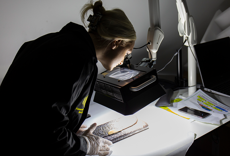 Hannah Walcher examines residue on the purse using an alternate light source.