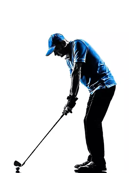 one man golfer golfing golf swing in silhouette studio isolated on white background - BIGSTOCK