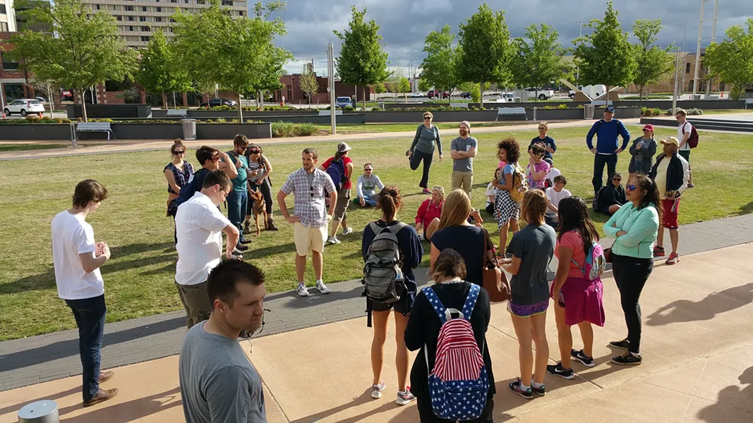 Those participating in the first Trailhead OKC hike gathered to begin the 6.2 mile walk. - BEN FELDER