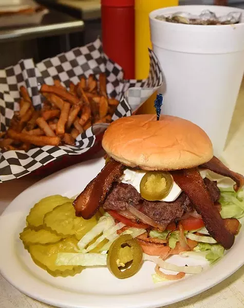 Jalepeno Bacon Cream Cheese Burger with fries and a coke, at the 15th Street Grill in Midwest City. mh