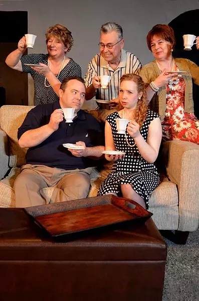 The Sutton family raises a toast for Avery and Gillian's engagement, but the couple are not so happy in "37 Postcards," a comedy playing February 19-March 12 at Carpenter Square Theatre. Performances are at 800 W. Main in downtown Oklahoma City. For tickets and more information, call 405-232-6500. Pictured clockwise from top left are: Sheryl Martin, Paul Tomlin, Zaneen Hotchkiss, Karen Garlitz, and Greg Crall.