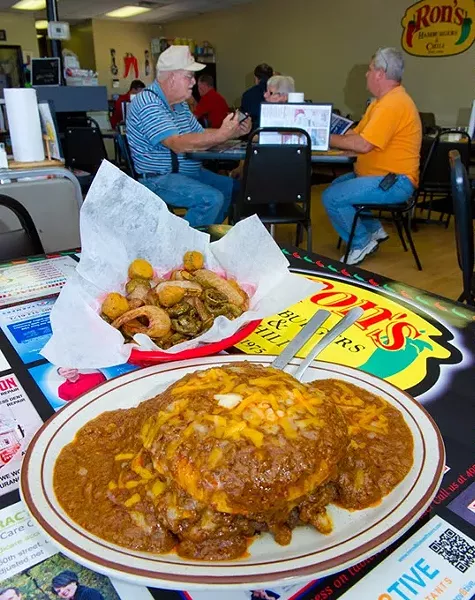 Sausage Burger w/ Chili and Cheese and Fried Okra (Shannon Cornman)