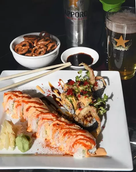 The Taranchula Roll, with Sapporo and pretzels, at Park Harvey Sushi Sports Lounge. mh