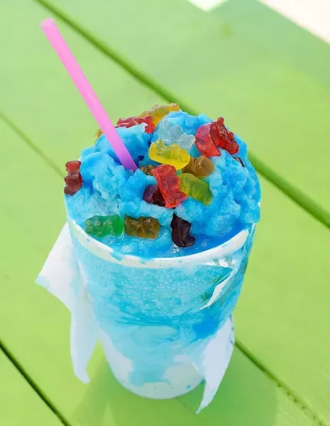 Snowcone with gummy toppings at Mr. Chills Snow Cones Wednesday, July 12, 2017. - GARETT FISBECK