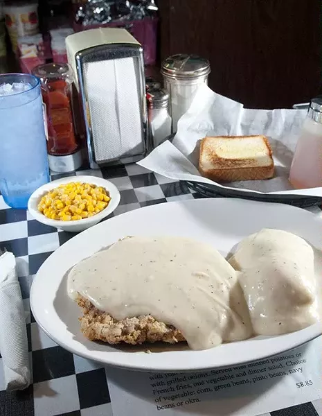 Ann's Chicken Fried Steak with mashed potatoes and Corn. mh