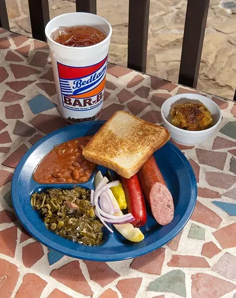The John Edwards Hot Plate with a side of Green Rice, on the patio at Bedlam Bar B Q. mh