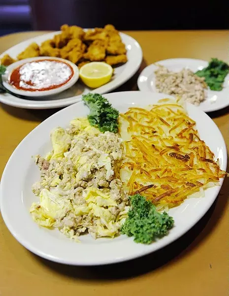 Calf brains and eggs, lamb fries, and a side of brains at Cattlemen's Steakhouse in Oklahoma City, Tuesday, Oct. 27, 2015. - GARETT FISBECK