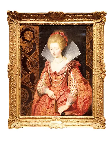“Portrait of Charlotte-Marguerite de Montmorency, Princess of Condé, circa 1610” by Peter Paul Rubens above with Isabelle de Borchgrave’s dress interpretation. below - OKLAHOMA CITY MUSEUM OF ART / PROVIDED AND PHOTO KARSON BROOKS