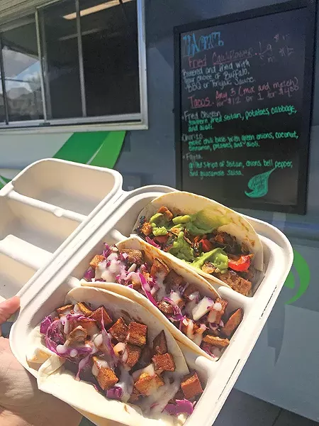 Fried seitan, chorizo and fajita tacos from The Taco Plant - JACOB THREADGILL