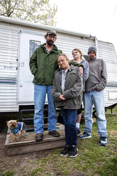 from right John, Shasta, Cathy, Wade and Jay Jay stand outside their trailer home in Oklahoma City on April 17. Conner, a Curbside vendor, had hoped to secure a two-bedroom home with the help of a Section 8 voucher but was held up due to the spread of COVID-19. - NATHAN POPPE / PROVIDED