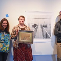 From left, Kerri Shadid, organizer Laura Reese and Ryan Harris, pose with three of their submissions for Passwords, an exhibition by six artists working with text, at IAO on Film Row in OKC, 11-17-15.