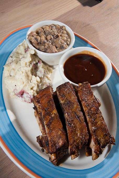 KD's Southern Cuisine's Barbecue Pork Ribs with Mashed Red Potatoes and Black-eyed Peas.  mh
