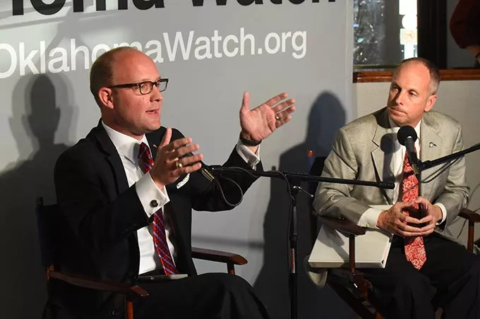 Oklahoma House Minority Leader Scott Inman, left, and House Speaker Jeff Hickman take part in a Oklahoma Watch forum at Kamps 1910 Cafe, 10-20-15. - MARK HANCOCK