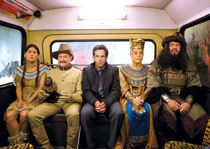 In this image released by 20th Century Fox, from left, Mizuo Peck, Robin Williams, Ben Stiller, Rami Malek and Patrick Gallagher appear in a scene from "Night at the Museum: Secret of the Tomb." - AP PHOTO/20TH CENTURY FOX, KERRY BROWN