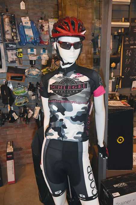 Mannequin with bike apparel at Schlegel Bicycles in Auto Alley. mh