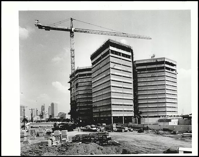 In September 1990, Oklahoma County and city officials celebrated after the jail was “topped out,” meaning the building reached its greatest construction height. (Oklahoma Publishing Company Collection / Courtesy Oklahoma Historical Society)