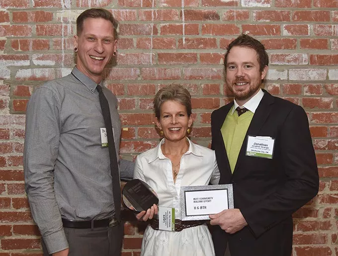 From left, Brian Bergman, Laura Massenat, and Jonathan Stranger. H & 8th were winners for the Best Community Building Effort. - MARK HANCOCK