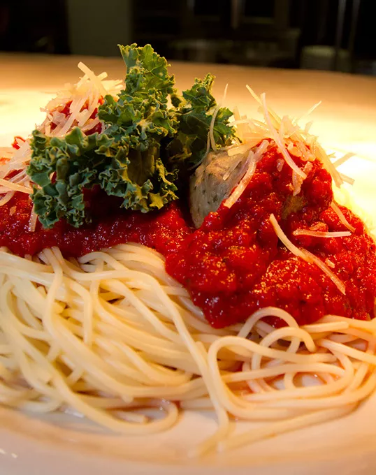Spaghetti and meatballs at Papa Dios in Oklahoma City. Monday, August 3, 2015. - KEATON DRAPER