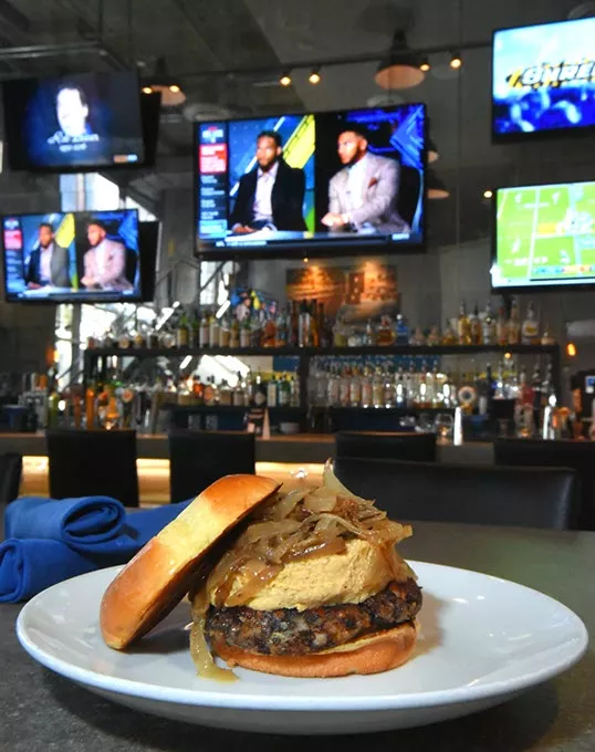 The Hummus A Tune burger, with TVs, at Urgan Johnnie in Deep Deuce, Oklahoma City, 2-11-16. - MARK HANCOCK