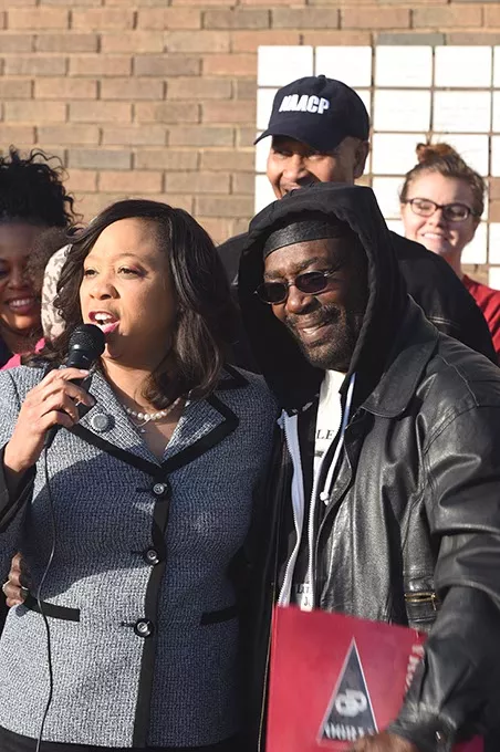 Senator Anastasia Pittman next to former NAACP leader Roosevelt Melton, addressing a crowd gathered at the Freedom Center, 2609 N. Martin Luther King Avenue, Monday morning, marking MLK Day before she and other leaders embarked on a "Silent March" to the State Capitol. mh