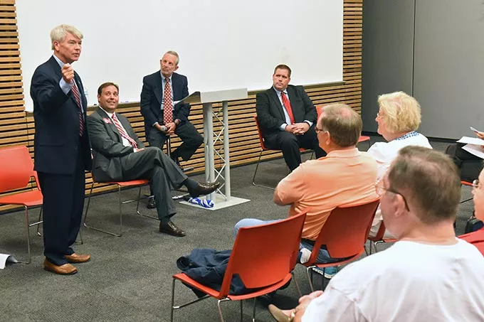 House District 85 candidate, from left, Ralph Crawford, Chip Carter, moderator Charlie Potts and Matt Jackson, (Amy Palumbo didn't participate) during a forum with other candidates held at the Northwest Library on July 22. mh